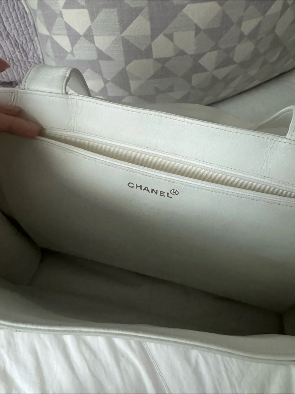 Authentic CHANEL White Leather Tote with Embossed CC Logo